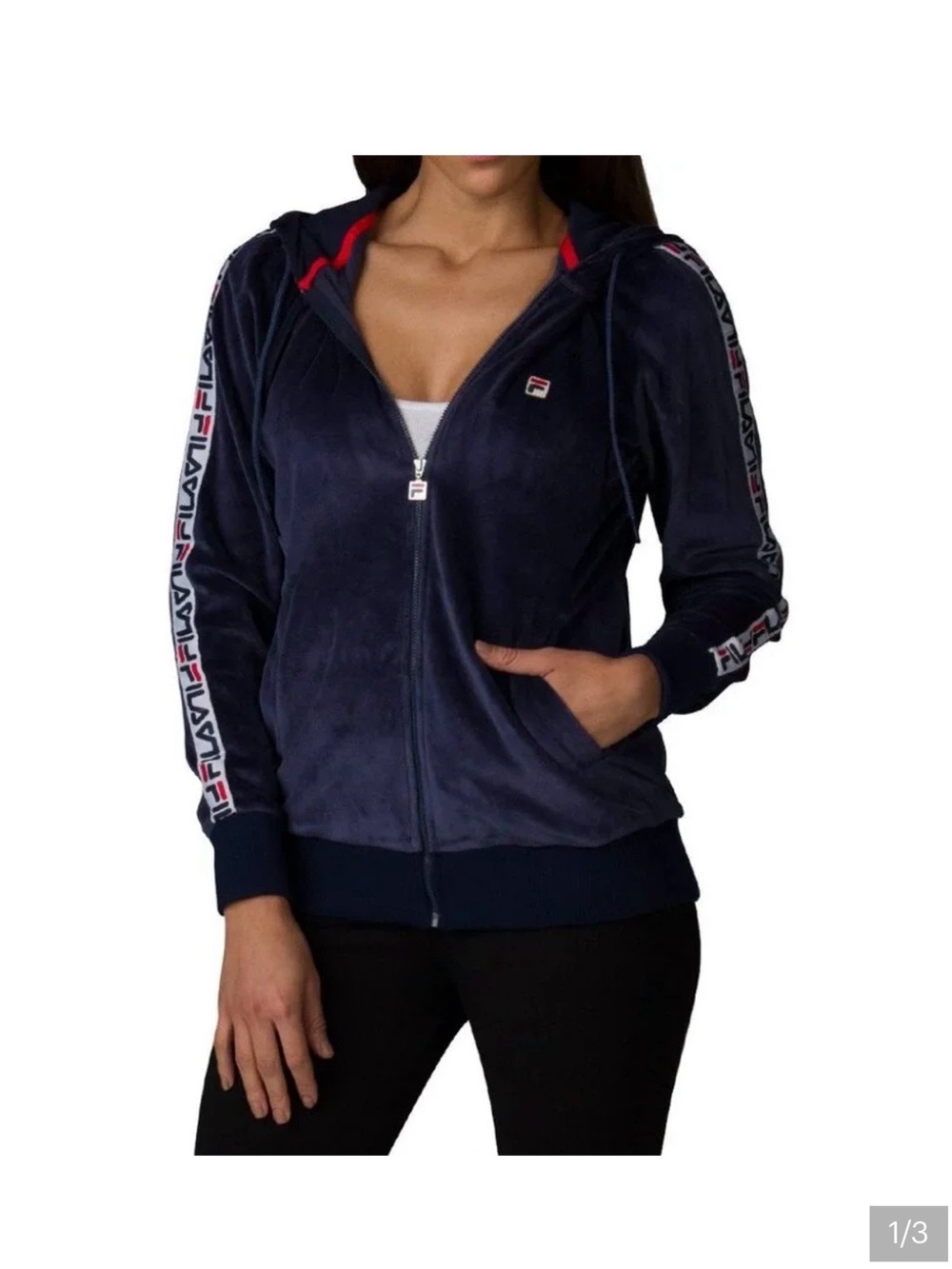 Fila Women's Navy Velour Full-Zip Hoodie with Logo Tape